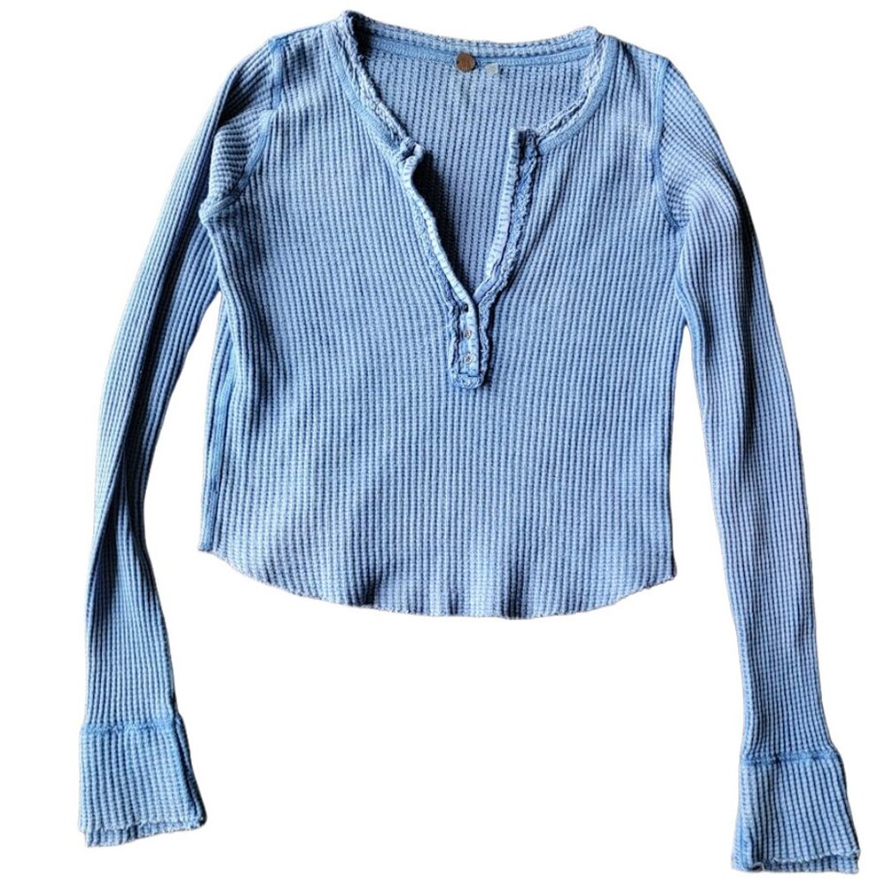 Free People Blue Waffle Long Sleeve V Neck